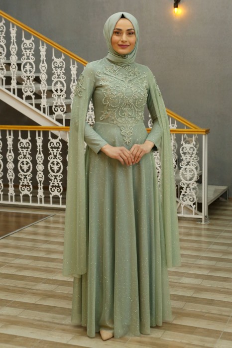PEARL DETAILED GREEN EVENING DRESS